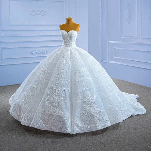 High End Weiß Spitze Blumen Brautkleider / Hochzeitskleider 2022 Ballkleid Bandeau Ärmellos Rückenfreies Kapelle-Schleppe Hochzeit