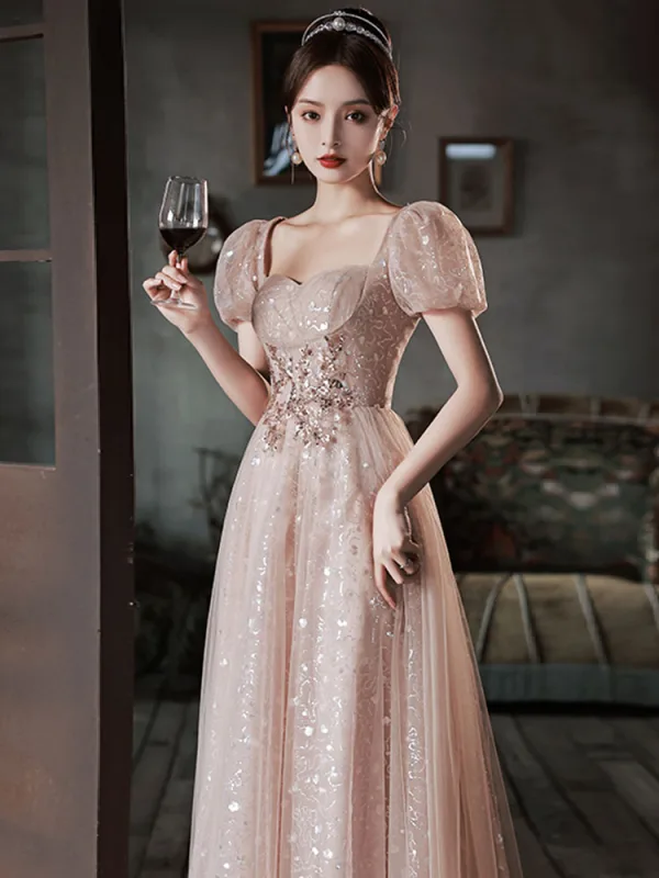 Mode Rougissant Rose Paillettes Robe De Bal 2022 Princesse Encolure Carrée Manches Courtes Dos Nu Longue Robe De Ceremonie
