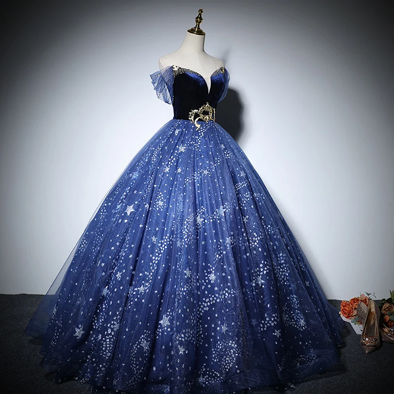 Chic Beautiful Navy Blue Prom Dresses 2022 Beading Star Ball Gown
