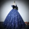 Chic / Beautiful Navy Blue Prom Dresses 2022 Ball Gown Off-The-Shoulder Beading Star Sequins Short Sleeve Backless Floor-Length / Long Formal Dresses