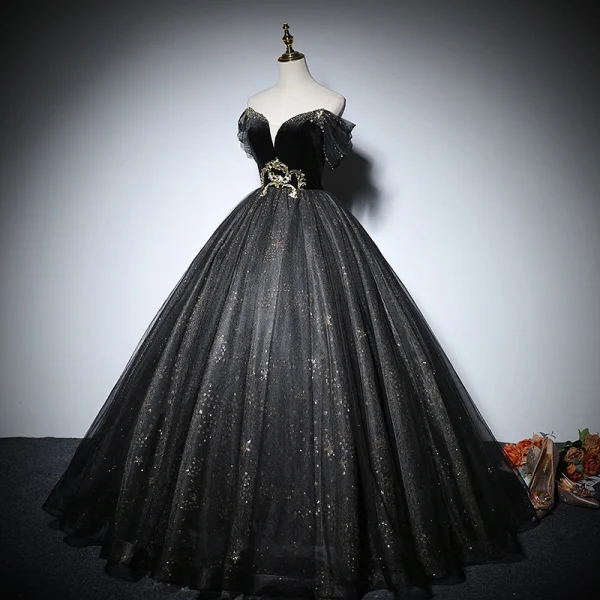 Elegant Black Prom Dresses 2022 Ball Gown Off-The-Shoulder Short Sleeve Backless Beading Sequins Floor-Length / Long Formal Dresses