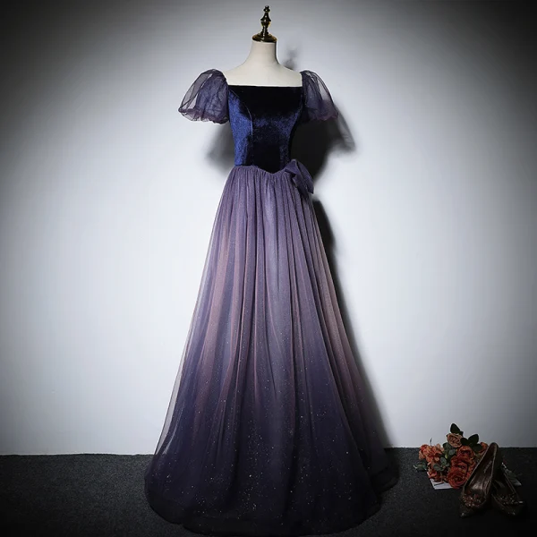 Elegant Purple Prom Dresses 2022 A-Line / Princess Square Neckline Puffy Short Sleeve Backless Bow Floor-Length / Long Formal Dresses