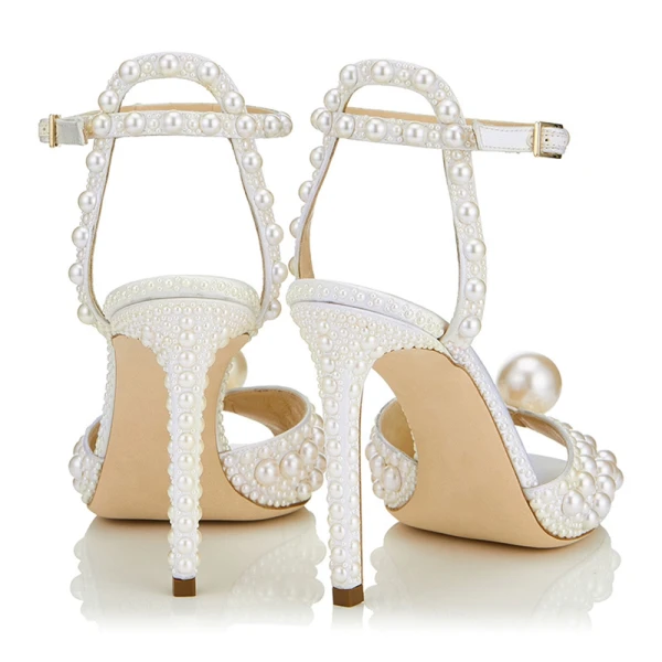 Sexy Ivoire Perle Chaussure De Mariée 2022 10 cm Talons Aiguilles Bride Cheville Cuir Peep Toes / Bout Ouvert Mariage Talons Hauts