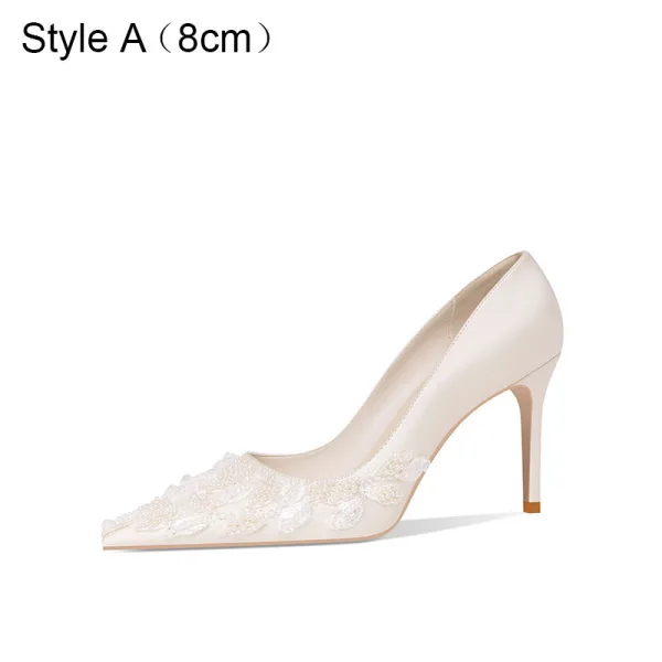 Elegant Ivory Satin Pearl Wedding Pumps High Heels 2021 8 cm Stiletto Heels Pointed Toe Wedding Shoes