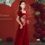Élégant Bordeaux En Dentelle Fleur Robe De Bal 2022 Princesse Encolure Dégagée Manches Courtes Longue Robe De Ceremonie