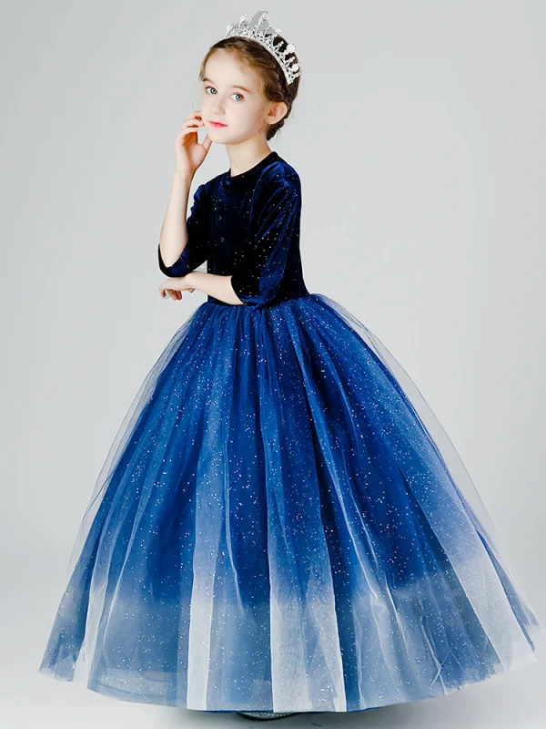 Elegant Navy Blue Gradient-Color Sequins Flower Girl Dresses 2022 Ball Gown Scoop Neck 3/4 Sleeve Floor-Length / Long Birthday Flower Girl Dresses
