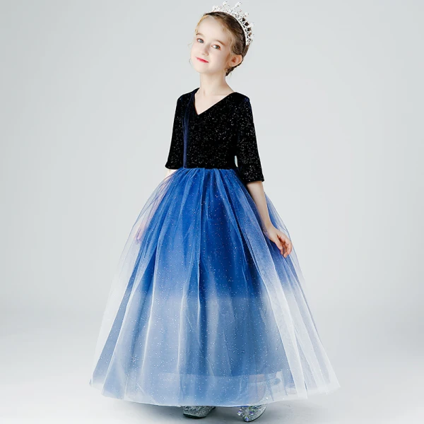 Elegant Navy Blue Gradient-Color Sequins Flower Girl Dresses 2022 Ball Gown V-Neck 1/2 Sleeves Floor-Length / Long Birthday Flower Girl Dresses
