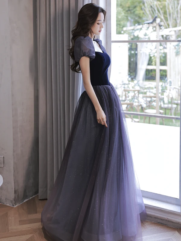 Elegant Purple Glitter Prom Dresses 2022 A-Line / Princess Square Neckline Puffy Short Sleeve Backless Bow Floor-Length / Long Formal Dresses