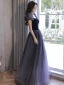 Elegant Purple Glitter Prom Dresses 2022 A-Line / Princess Square Neckline Puffy Short Sleeve Backless Bow Floor-Length / Long Formal Dresses