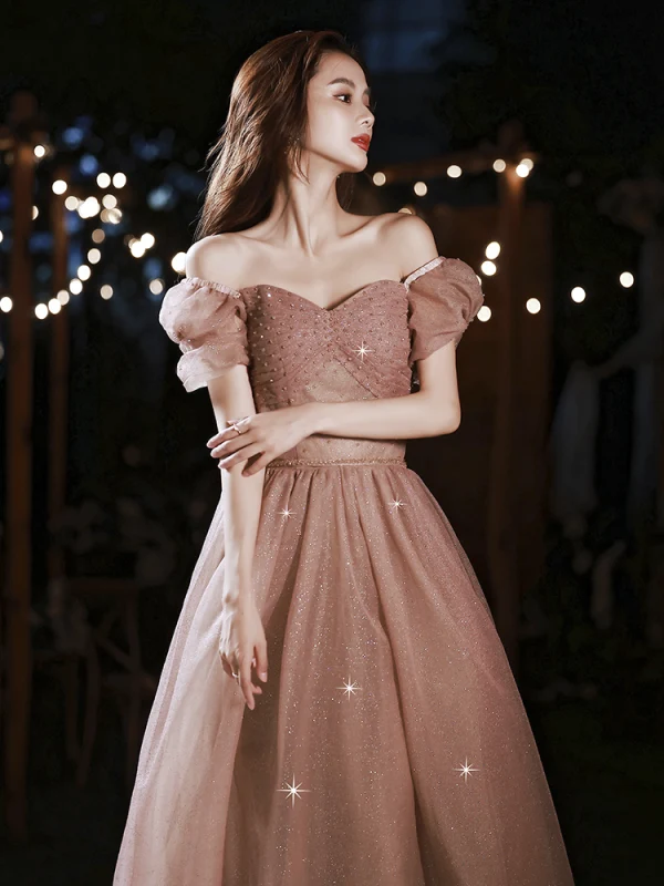 Charmant Rose Bonbon Glitter Faux Diamant Robe De Bal 2022 Princesse De l'épaule Manches Courtes Dos Nu Longue Robe De Ceremonie