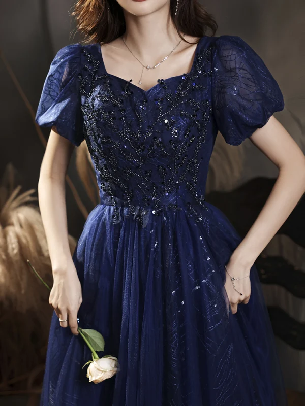 Chic / Belle Bleu Roi Glitter Perlage Paillettes Faux Diamant Robe De Bal 2022 Princesse Encolure Carrée Manches Courtes Dos Nu Longue Robe De Ceremonie