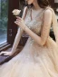 Sparkly Champagne Beading Rhinestone Sequins Prom Dresses 2022 A-Line / Princess V-Neck Lace Flower Sleeveless Backless Floor-Length / Long Formal Dresses