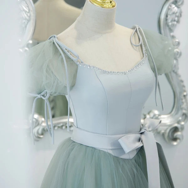 Mode Vert Citron Robe De Bal 2022 Robe Boule Encolure Carrée Gonflée Manches Courtes Dos Nu Noeud Ceinture Longue Robe De Ceremonie