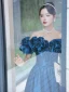Elegant Ink Blue Satin Prom Dresses 2022 A-Line / Princess Ruffle Off-The-Shoulder Short Sleeve Backless Floor-Length / Long Formal Dresses