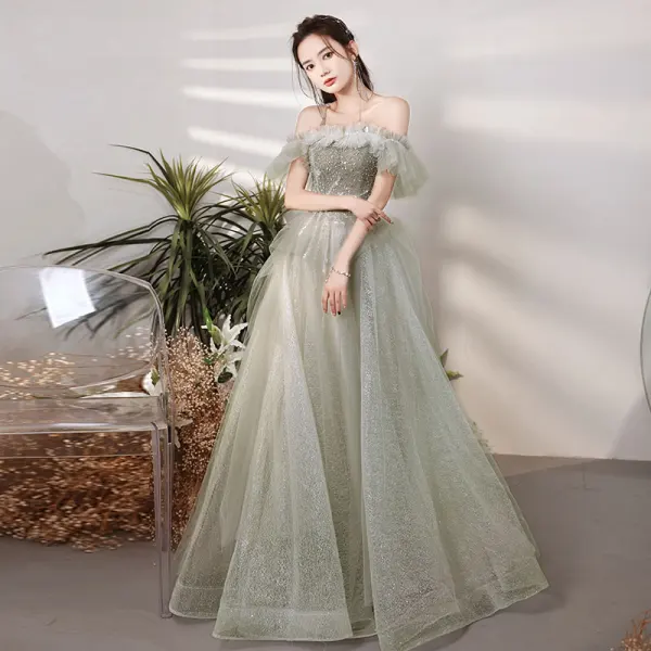 Charming Sage Green Prom Dresses 2022 A-Line / Princess Ruffle Off-The-Shoulder Beading Pearl Sequins Short Sleeve Backless Floor-Length / Long Formal Dresses