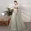 Charming Sage Green Prom Dresses 2022 A-Line / Princess Ruffle Off-The-Shoulder Beading Pearl Sequins Short Sleeve Backless Floor-Length / Long Formal Dresses