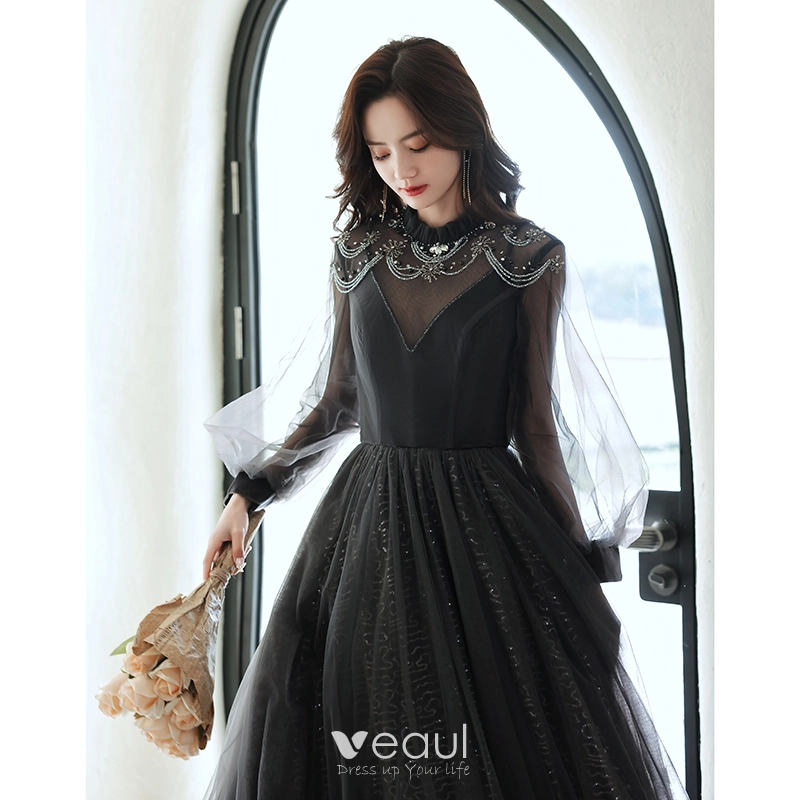 Elegant Glitter Rhinestone Black Lace Long Prom Dress gh1104 – girlhomeshops