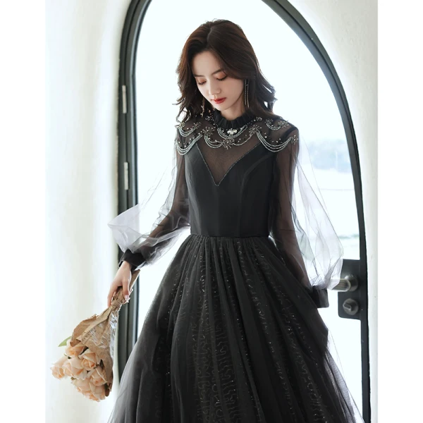Chic / Belle Noire Perlage Faux Diamant Paillettes Robe De Bal 2022 Princesse Encolure Dégagée Manches Longues Dos Nu Longue Robe De Ceremonie