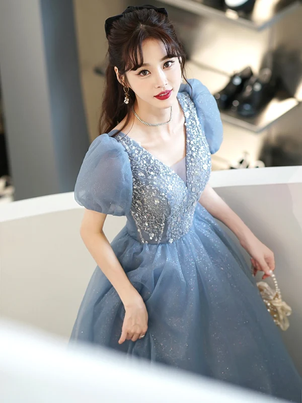 Chic / Beautiful Pool Blue Glitter Sequins Prom Dresses 2022 A-Line / Princess V-Neck Puffy Short Sleeve Backless Floor-Length / Long Formal Dresses