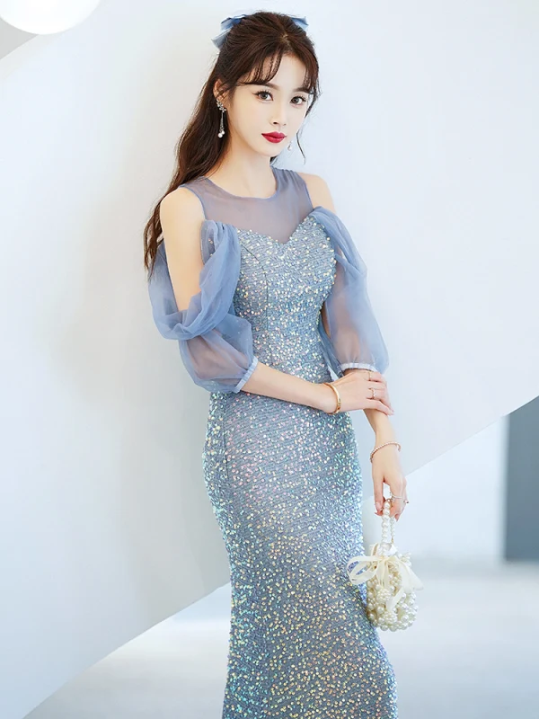 Charmant Bleu Ciel Perlage Paillettes Robe De Soirée 2022 Trompette / Sirène Encolure Dégagée Manches Courtes Dos Nu Longue Robe De Ceremonie
