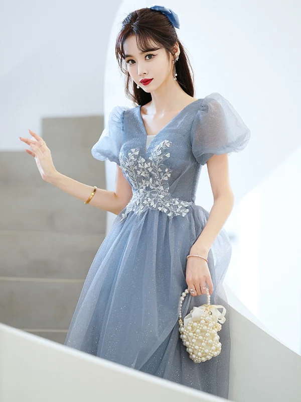 Chic / Belle Bleu Ciel Perlage Paillettes Robe De Bal 2022 Princesse V-Cou Manches Courtes Dos Nu Longue Robe De Ceremonie