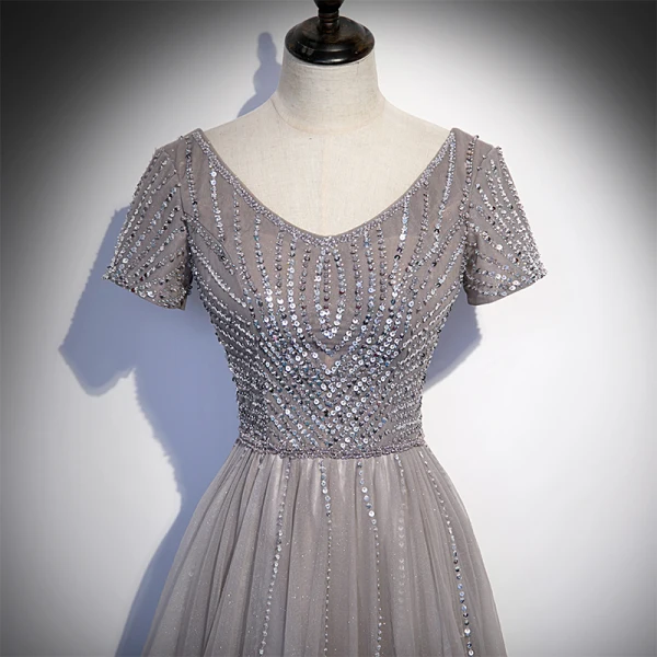 Elegant Grey Beading Sequins Prom Dresses 2022 A-Line / Princess V-Neck Short Sleeve Backless Floor-Length / Long Formal Dresses