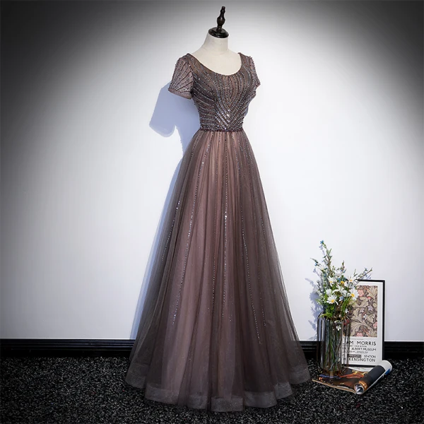 Chic / Beautiful Brown Beading Sequins Prom Dresses 2022 A-Line / Princess Scoop Neck Short Sleeve Backless Floor-Length / Long Formal Dresses