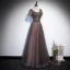 Chic / Beautiful Brown Beading Sequins Prom Dresses 2022 A-Line / Princess Scoop Neck Short Sleeve Backless Floor-Length / Long Formal Dresses