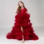 Chic / Beautiful Burgundy Cascading Ruffles Birthday Flower Girl Dresses 2022 Scoop Neck Ball Gown Lace Flower Short Sleeve Sweep Train Flower Girl Dresses