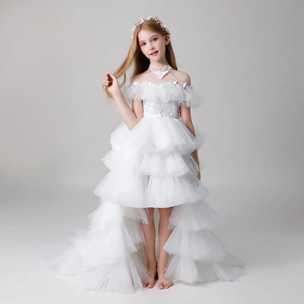 Fashion White Butterfly Appliques Rhinestone Cascading Ruffles Birthday Flower Girl Dresses 2022 Ball Gown High Neck Short Sleeve Floor-Length / Long Flower Girl Dresses