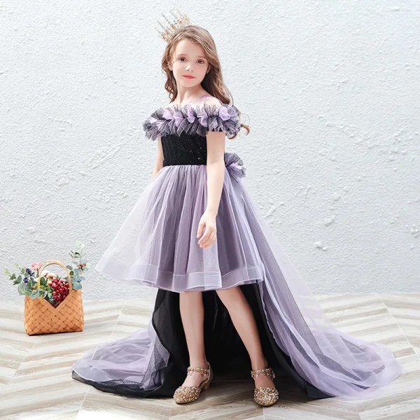 Chic / Beautiful Lavender Sequins Birthday Flower Girl Dresses 2022 A-Line / Princess Scoop Neck Ruffle Short Sleeve Court Train Flower Girl Dresses