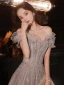 Charming Silver Prom Dresses 2022 A-Line / Princess Off-The-Shoulder Short Sleeve Backless Floor-Length / Long Formal Dresses
