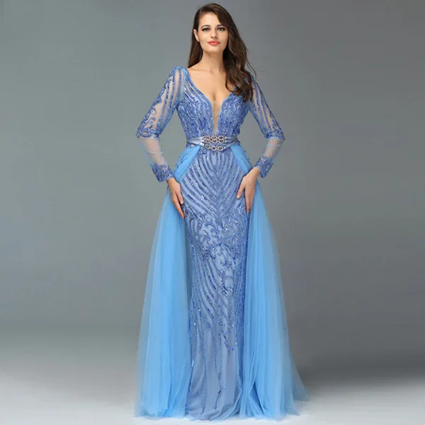 Sexy Bleu Perlage Faux Diamant Paillettes Robe De Soirée 2022 Trompette / Sirène Col v profond Manches Longues Dos Nu Ceinture Longue Soirée Robe De Ceremonie