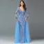 Sexy Bleu Perlage Faux Diamant Paillettes Robe De Soirée 2022 Trompette / Sirène Col v profond Manches Longues Dos Nu Ceinture Longue Soirée Robe De Ceremonie