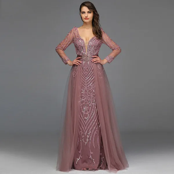 Haut de Gamme Rose Sombre Perlage Paillettes Robe De Soirée 2022 Trompette / Sirène Col v profond Ceinture Manches Longues Dos Nu Longue Soirée Robe De Ceremonie