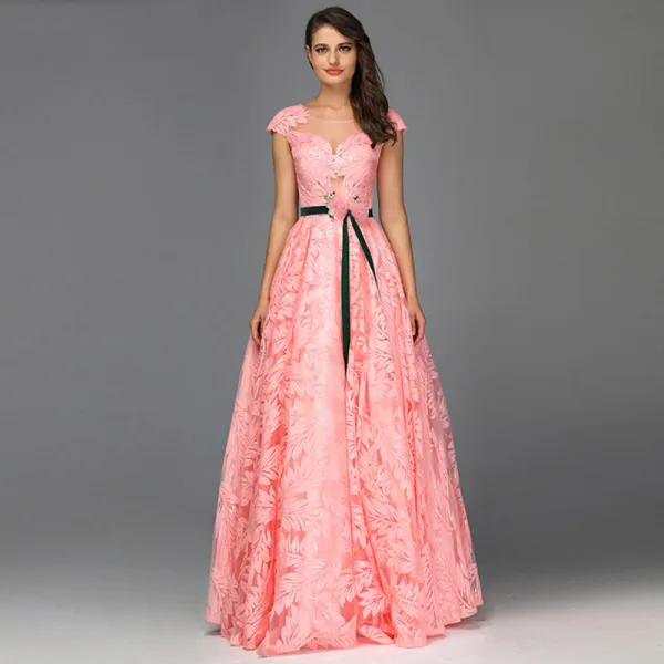 Chic / Beautiful Candy Pink Leaf Lace Prom Dresses 2022 A-Line / Princess Scoop Neck Sleeveless Floor-Length / Long Formal Dresses