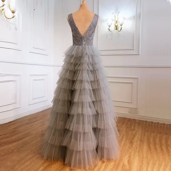 Charming Grey Beading Sequins Pleated Prom Dresses 2022 A-Line / Princess Scoop Neck Sleeveless Backless Floor-Length / Long Formal Dresses