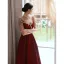 Chic / Beautiful Burgundy Suede Velour Evening Dresses 2022 A-Line / Princess High Neck Beading Pearl Rhinestone Short Sleeve Floor-Length / Long Evening Party Formal Dresses