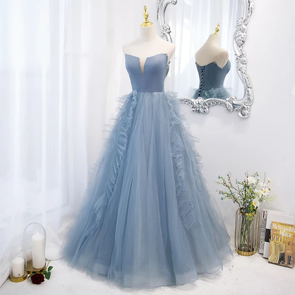 Chic Beautiful Pool Blue Prom Dresses 2022 Ball Gown Off-The-Shoulder Puffy Short Sleeve