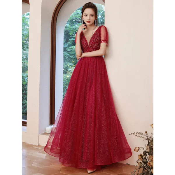 Sparkly Burgundy Glitter Prom Dresses 2022 A-Line / Princess V-Neck Short Sleeve Backless Rhinestone Floor-Length / Long Formal Dresses