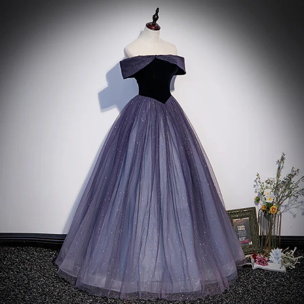 Élégant Violet Glitter Paillettes Daim Robe De Bal 2022 Princesse De l'épaule Manches Courtes Dos Nu Longue Robe De Ceremonie