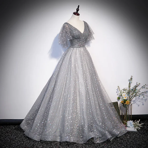 Charming Grey Beading Sequins Prom Dresses A-Line Princess 2022 V-Neck Short Sleeve Long Charming Grey Beading Sequins Prom Dresses A-Line Princess 2022 V-Neck Short Sleeve Long