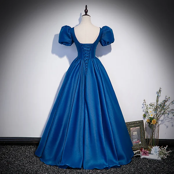 Royal Blue Vintage / Retro Satin Prom Dresses 2022 Ball Gown Deep V-Neck Puffy Short Sleeve Backless Floor-Length / Long Formal Dresses