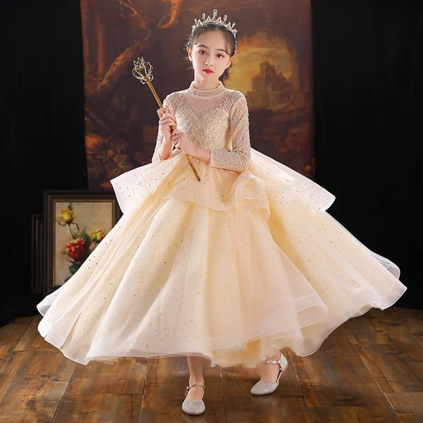 Chic / Beautiful Champagne Cascading Ruffles Birthday Flower Girl Dresses 2022 Ball Gown High Neck Beading Sequins Long Sleeve Backless Floor-Length / Long Flower Girl Dresses