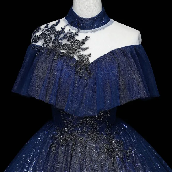Vintage / Retro Navy Blue Prom Dresses 2022 Ball Gown High Neck Glitter Beading Sequins Lace Flower Short Sleeve Backless Floor-Length / Long Formal Dresses