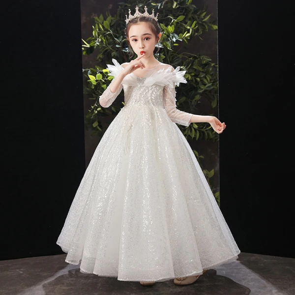 Chic / Beautiful White Birthday Flower Girl Dresses 2022 Ball Gown Scoop Neck Beading Sequins Lace Flower 3/4 Sleeve Floor-Length / Long Flower Girl Dresses