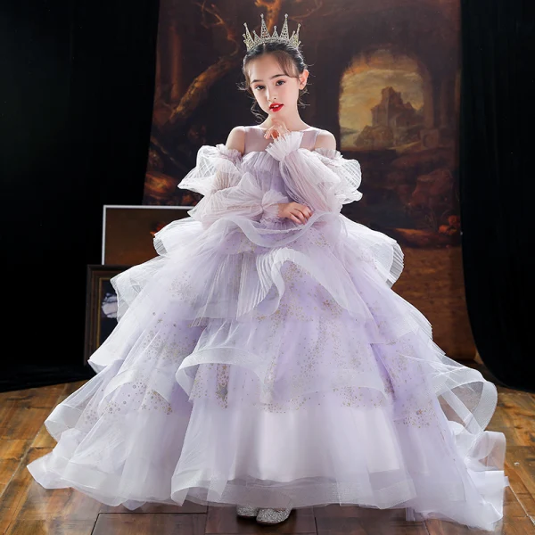Fashion Lavender Sequins Cascading Ruffles Birthday Flower Girl Dresses 2022 Ball Gown Scoop Neck Puffy Long Sleeve Floor-Length / Long Flower Girl Dresses
