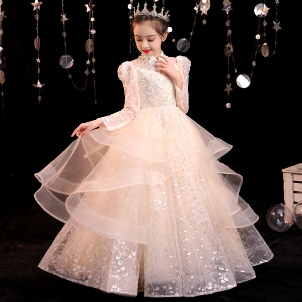 Sparkly Champagne Birthday Beading Rhinestone Sequins Flower Girl Dresses 2022 Ball Gown High Neck Long Sleeve Cascading Ruffles Floor-Length / Long Flower Girl Dresses