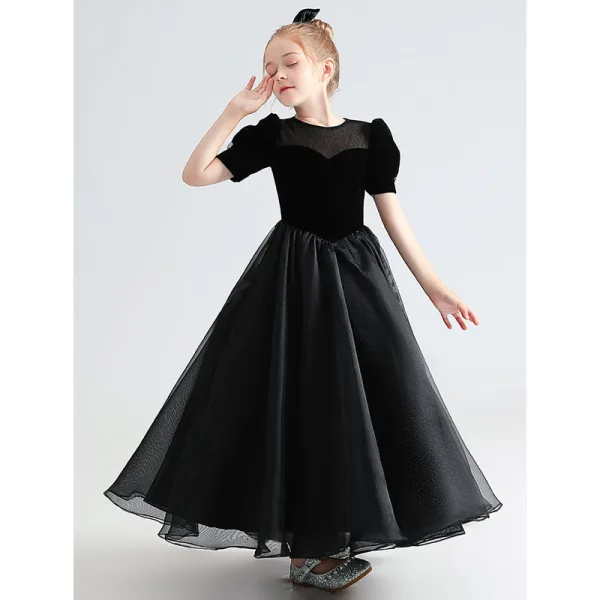 Audrey Hepburn Style Black Suede Birthday Flower Girl Dresses 2022 A-Line / Princess Scoop Neck Short Sleeve Floor-Length / Long Bow Flower Girl Dresses