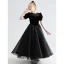 Audrey Hepburn Style Black Suede Birthday Flower Girl Dresses 2022 A-Line / Princess Scoop Neck Short Sleeve Floor-Length / Long Bow Flower Girl Dresses